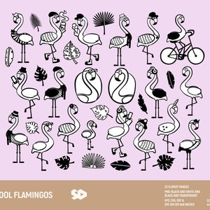 May include: A set of 35 black and white clip art images of flamingos in various poses. The flamingos are wearing hats, sunglasses, and other accessories. Some are riding bicycles, holding drinks, and wearing scarves. The images are perfect for creating fun and whimsical designs.