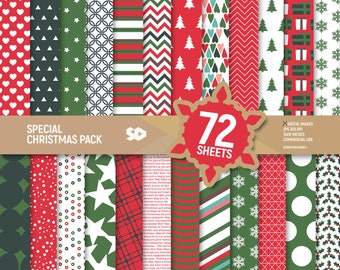 72 Christmas digital paper pack. Christmas scrapbooking pages, Xmas background, Christmas scrapbook sheets pattern printable. Commercial use