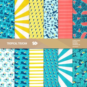 Pack de papier numérique toucan tropical. Pages de scrapbooking toucan, feuilles de scrapbooking pastèque fond été motif vacances utilisation commerciale