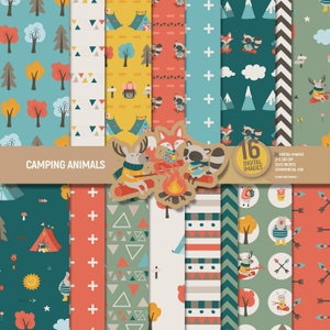 Paquete de papel digital de animales para acampar, páginas de álbum de recortes para campistas, fondo con patrón de bosque con carpa para fogatas, descarga instantánea USO COMERCIAL