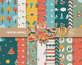 Pacote de papel digital de animais de acampamento, páginas de álbum de recortes de campista, barraca de fogueira, floresta, padrão de fundo, download instantâneo USO COMERCIAL