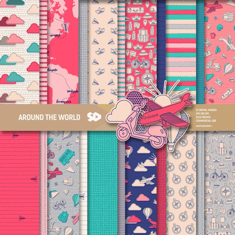 Travel Pattern Paper Travel Digital Paper Pack. Vacation Scrapbooking Pages World Background ...