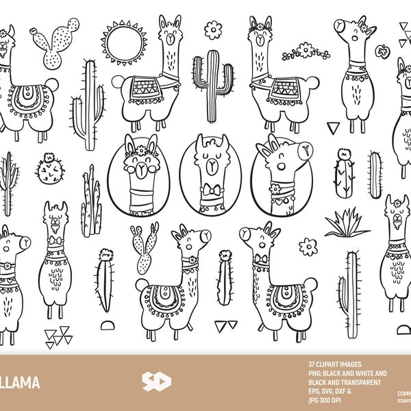 Llama clipart bundle, alpaca clip art, cactus digital stamp, animals draw, illustration boho aztec. Png Jpeg SVG DXF EPS. Commercial use.