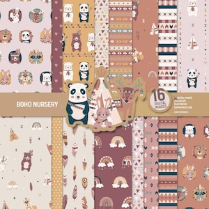 Pacchetto di carta digitale per bambini Boho, pagine di album di ritagli con animali tribali, piume, arcobaleno, motivi boschivi, sfondo tenda teepee. Uso commerciale.