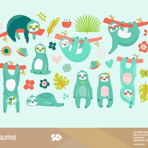Luiaards clipart, luiaard illustraties, party kids clipart, babyshower gelijkspel, tropische bladeren vector afdrukbaar, illustratie. Commercieel gebruik.