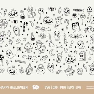 Op de afbeelding: Een zwart-wit illustratie met Halloween-thema, met pompoenen, geesten, schedels en snoep. De tekst "HAPPY HALLOWEEN" staat onderaan, samen met bestandsopties. Perfect voor griezelige knutselwerken en ontwerpen.