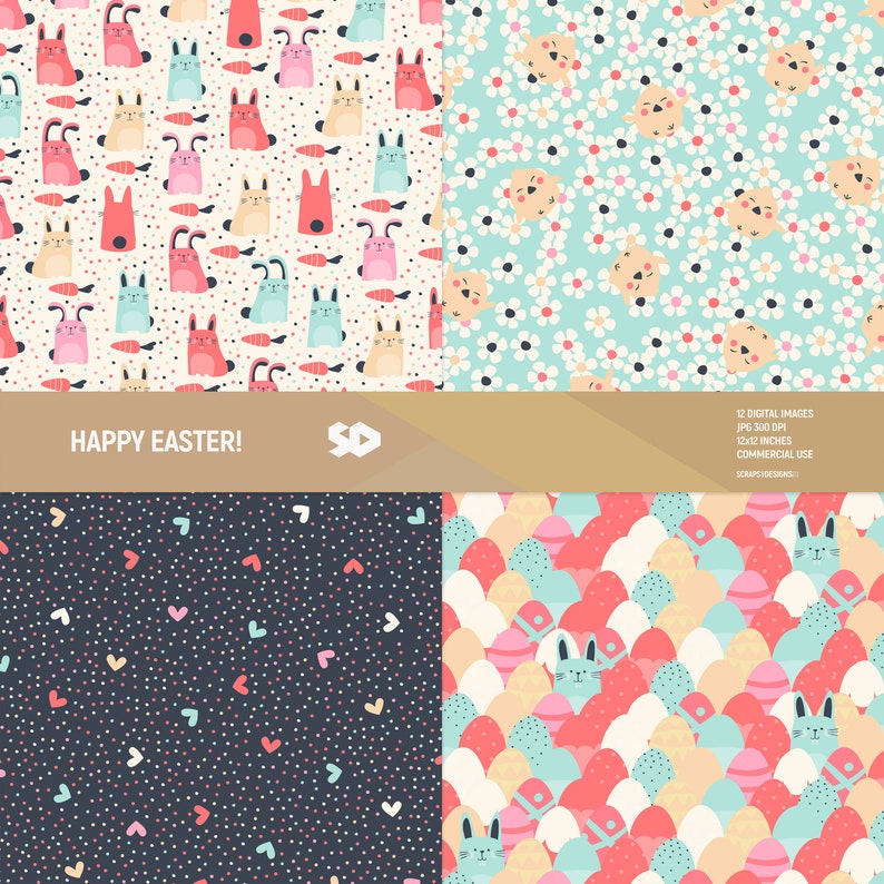 May include: Four digital paper patterns featuring Easter themes. The first pattern has pink, blue, and red bunnies with carrots on a white background. The second pattern has white flowers on a light blue background. The third pattern has colorful hearts and dots on a dark blue background. The fourth pattern has colorful eggs and bunnies on a white background. The text "HAPPY EASTER!" is at the top of the image.