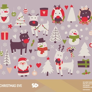 Clipart réveillon de Noël, clipart Noël, arbre de Noël, tirage du père Noël, bonhomme de neige, imprimable renne Rudolf, ornement de vacances. Utilisation commerciale.