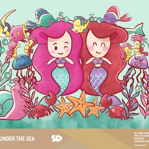 Mermaid Clipart, Underwater Clipart, Fish Clip Art, Sea draw, Fish Crab Printables, Starfish Seahorse, Vector graphics digital, Commercial