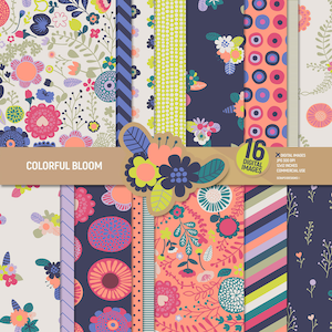 Confezione di carta digitale con fiori colorati, pagine di scrapbooking floreali, motivi floreali, sfondo di foglie, inviti per scrapbooking. Uso commerciale.