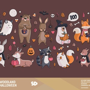Woodland Halloween clipart, herfst illustraties, dieren tekenen, vos herten beer konijn eekhoorn doodle vector, bos illustratie. Commercieel gebruik.