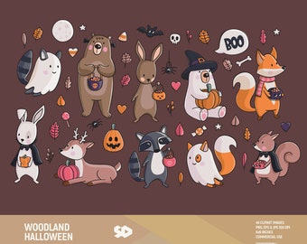 Woodland Halloween clipart, autumn clip art, animals draw, fox deer bear rabbit squirrel doodle vector, forest illustration. Commercial use.