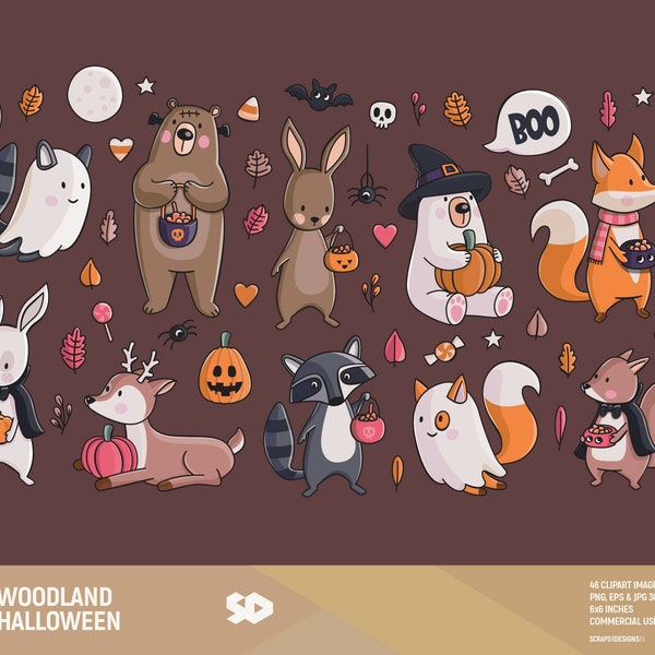 Woodland Halloween clipart, clipart d'automne, animaux dessiner, renard cerf ours lapin écureuil doodle vecteur, illustration de la forêt. Un usage commercial.