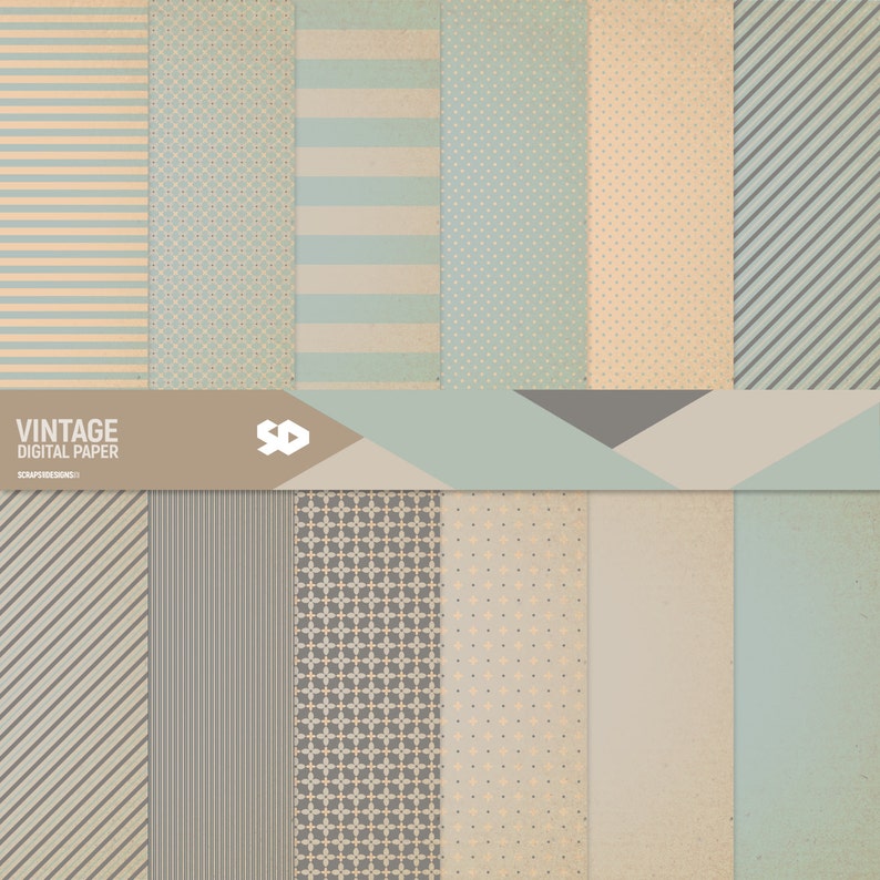 Patterns print floral grey stripes Commercial use. Printable pages Scrapbook paper old retro Blue Vintage digital paper pack cream