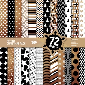 72 Pacote de papel digital de Natal. Páginas de scrapbooking de Natal pretas, brancas e douradas, folhas de scrapbook de fundo de Natal, padrão, imprimíveis.