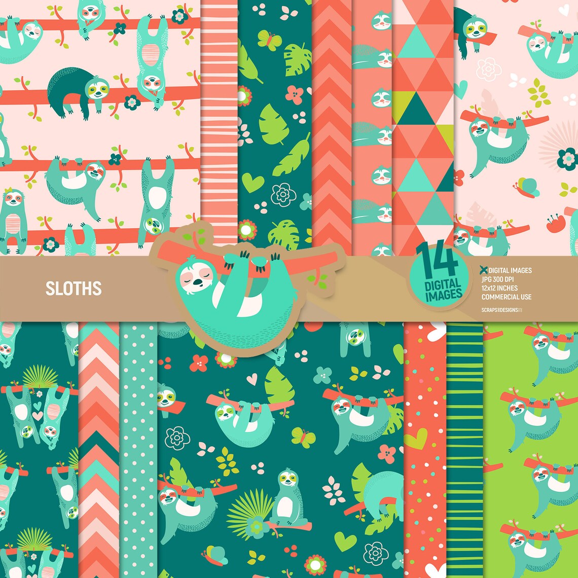 Sloths Digital Paper Pack, Sloth Scrapbook Pages, Sloth Patterns ...