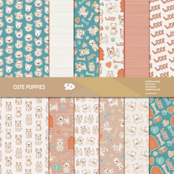 Cute puppies digital paper pack, dog scrapbook pages, bobtail patterns, Watercolor dogs, pets pet puppy, background, animals, commercial use