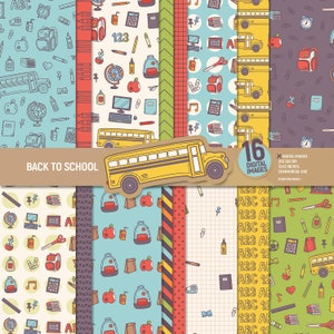 Pacote de papel digital de volta às aulas, páginas de álbum de recortes de professores, padrões de sala de aula, livros de mochila fundo de lápis de ônibus escolar. Uso comercial.