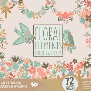 Florale Elemente Clipart, Kränze und Blumensträuße. Frühlingsblüte scrapbook, Hochzeitseinladungen, Grafikvektor KOMMERZIELLE NUTZUNG