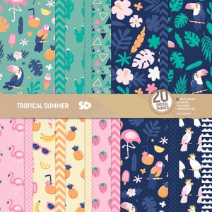 Tropischer Sommer digitales Papier Set. Flamingo Scrapbooking Seiten, Sommer Hintergrund Tukan Scrapbook Blätter Muster Urlaub. Kommerzielle Nutzung.