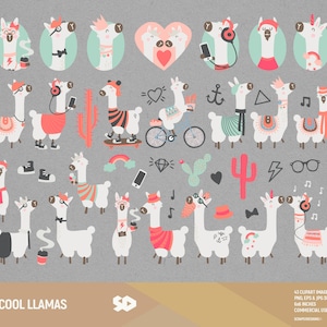 Cooles Lama Clipart, Kaktus Clip Art, Alpaka Clipart, Hipster zeichnen, bedruckbarer Vektor, Illustration Boho Aztek peruanisches Peru, kommerzielle Nutzung.