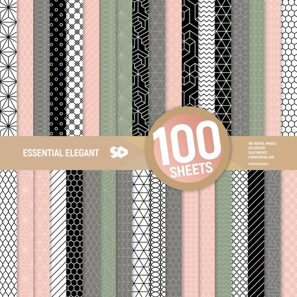 Essential Elegant digital paper pack. 100 papers. Patterns scrapbooking pages. Geometric background bundle sheets printable. Commercial use.