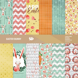 Pacchetto di carta digitale di Pasqua, pagine di album di Pasqua, illustrazione, coniglietti, uova, fiori, sfondo, download immediato. Uso commerciale.
