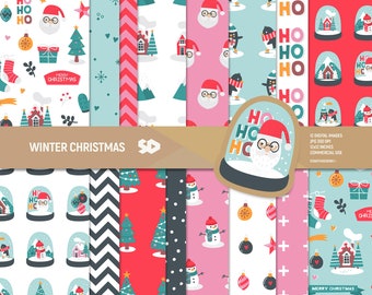 Winter Christmas digital paper, Santa scrapbook pages, Christmas tree pattern, Snow globe house background, doodle. Commercial use.