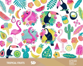 Tropical fruits clipart, watercolor flamingo clip art. Toucan Pineapple Ice-cream Leaves printable, summer beach illustration COMMERCIAL USE