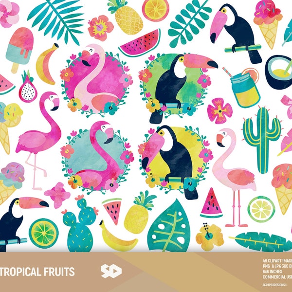 Tropical fruits clipart, watercolor flamingo clip art. Toucan Pineapple Ice-cream Leaves printable, summer beach illustration COMMERCIAL USE