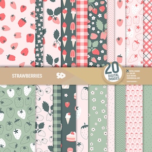 Erdbeeren digitaler Papiersatz. Sommer Muster Scrapbooking Seiten. Frühlings Hintergrund Bundle Scrapbook Blätter zum Ausdrucken. Kommerzielle Nutzung.