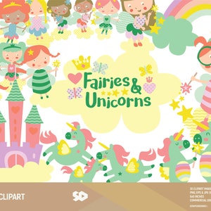 Feeën en eenhoorns clipart, feeënillustraties, eenhoorn clipart, kasteeltrekking, vector afdrukbaar, magische illustratie, regenboog. Commercieel gebruik.