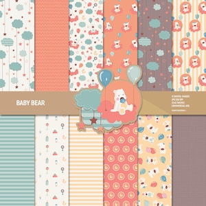 Carta digitale a forma di orsetto, uso commerciale per baby shower, carta per scrapbooking, sfondo, illustrazione per bambini, motivo con orsetti, giocattolo con orsetto, nuvole.
