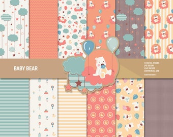 Papel digital de oso bebé, uso comercial de baby shower, papeles para álbumes de recortes, fondo, ilustración infantil, patrón de osos, juguete de oso, nubes.