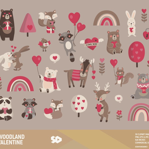 Woodland valentine clipart, animal forest clip art, valentine's day, heart love draw vector illustration fox owl deer bear, commercial use.