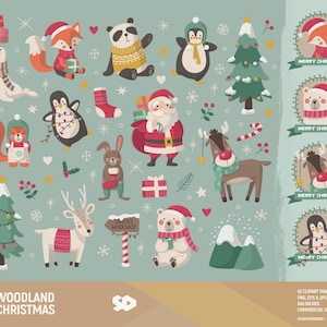 Wald Weihnachten Cliparts, Santa Clip Art, Tiere Weihnachten zeichnen, Fuchs, Hirsch, Bär, Kaninchen, Bär, Wald Illustration. Kommerzielle Nutzung.