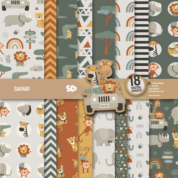 Safari digital paper pack, tribal animal scrapbook pages, boho cute nursery, kids patterns, Jungle. Africa background. Commercial use.