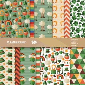 Pack de papier numérique St-Patrick's, pages de scrapbooking Saint Patrick, motifs Patrick. Fond d'écran irlandais arc-en-ciel à télécharger. Utilisation commerciale
