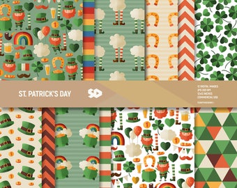 St-Patrick's digital paper pack, Saint Patrick scrapbook pages, Patricks patterns. Rainbow ireland irish background download. Commercial use