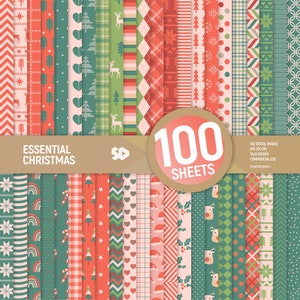 Pacchetto carta digitale essenziale per Natale. Pagine di scrapbooking con motivi. Bundle di fogli di scrapbooking con sfondo verde e rosso stampabili. Uso commerciale.