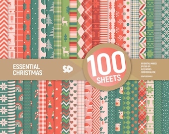 May include: A collection of 100 digital Christmas paper designs in red, green, white, and pink. The papers feature various patterns, including snowflakes, reindeer, candy canes, and stars. The text "Essential Christmas" and "100 Sheets" is displayed on the image.