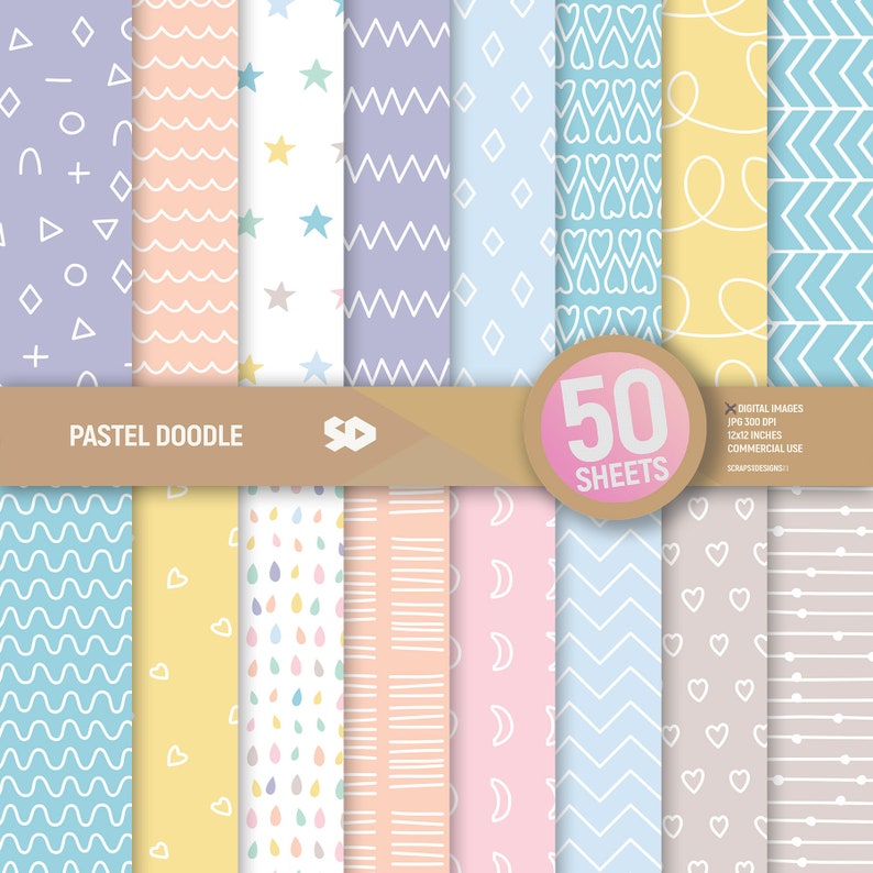 50 Pastel doodle digital paper pack. Patterns scrapbooking pages. Spring background bundle scrapbook sheets printable. Commercial use. zdjęcie 3