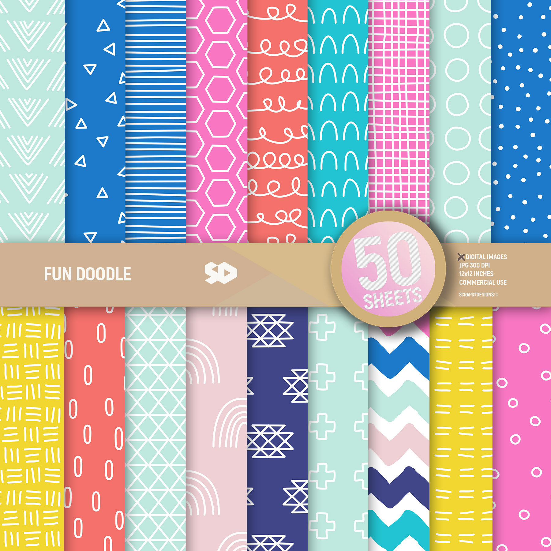 50 Fun Doodle Digital Paper Pack. Patterns Scrapbooking Pages. Colorful ...