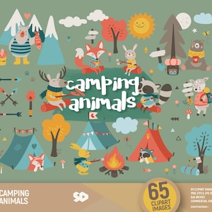 Camping dieren clipart, camper illustraties. Bosmarshmallow voor kampvuurtent. Teken een afdrukbare vectorillustratie. Commercieel gebruik. PNG EPS JPG