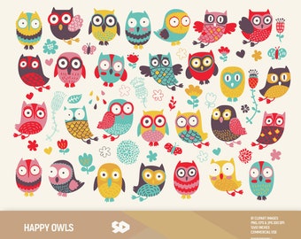 Owl clipart, owls clip art, floral clipart, flowers draw, vector printable, illustration butterflies spring drops colorful, commercial use.