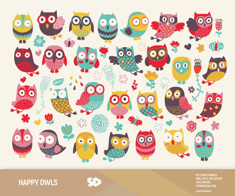 May include: A collection of colorful cartoon owls in various poses and patterns, surrounded by flowers, hearts, and butterflies. The owls are in shades of blue, yellow, red, and purple. The text "HAPPY OWLS" is at the bottom.