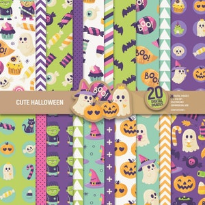 May include: A set of 20 digital papers featuring cute Halloween designs. The papers include patterns of ghosts, pumpkins, candy, bats, witches, and more. The papers are perfect for scrapbooking, card making, and other crafting projects.