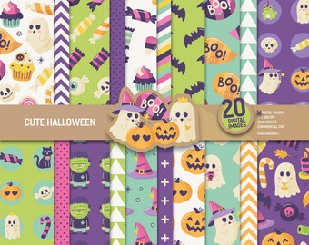 Cute Halloween digital paper. Ghost scrapbooking pages, Autumn background Pumpkin scrapbook sheets pattern, scary party kids Commercial use