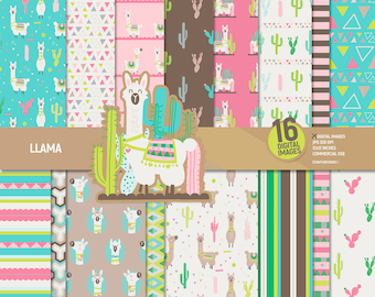 Llama digital paper pack, cactus scrapbook pages, alpaca patterns, animals boho aztec, peruvian background instant download. Commercial use.