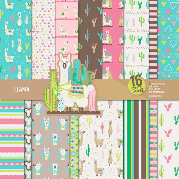 Llama digital paper pack, cactus scrapbook pages, alpaca patterns, animals boho aztec, peruvian background instant download. Commercial use.